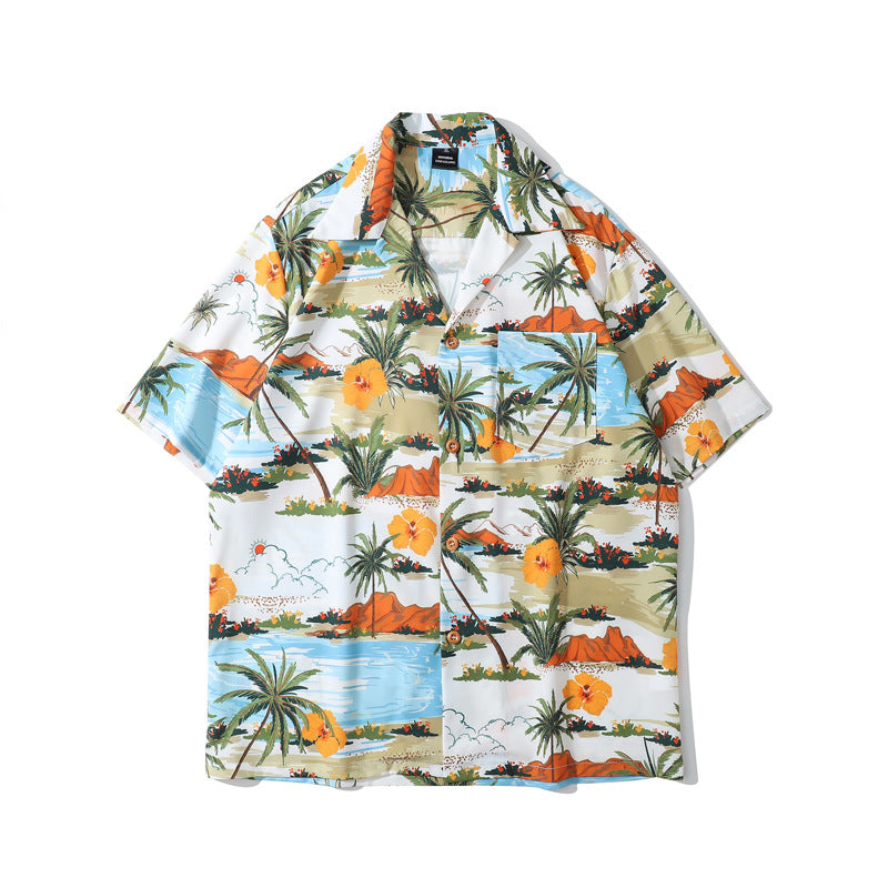 Coconut Tree Printed Shirt Mens&amp;#039; Summer  New Seaside Loose Hong Kong Style Hawaiian Short-sleeved Shirt