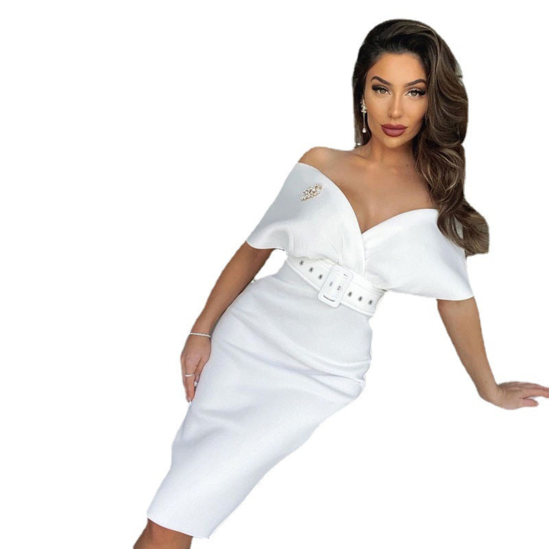 Fashion Women's Spring New Temperament Shoulder-exposed High Waist Show Waist Dress With Belt