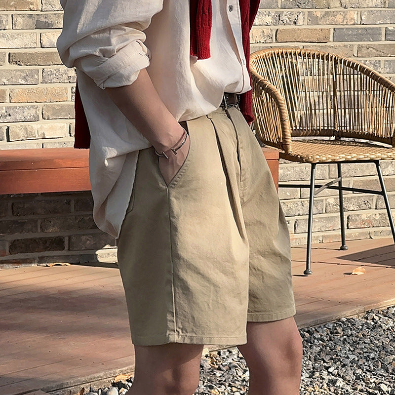 ASCLO Summer Shorts Khaki Casual Wide-leg Pants Korean Style Trendy Pleated Workwear Straight Pants For Boys