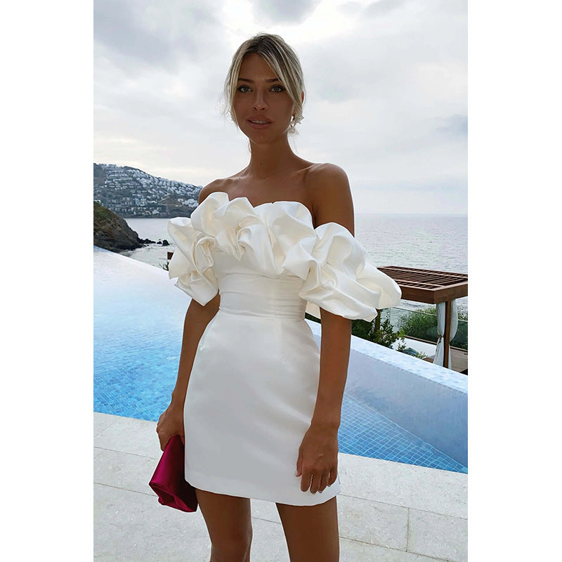 Solid Color Strapless Floor Shoulder Ear Edge Dress