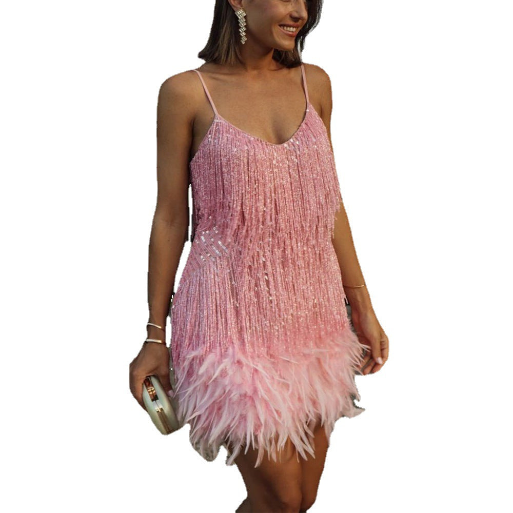 Sequin Tassel Feather Sexy V-neck Strap Dress