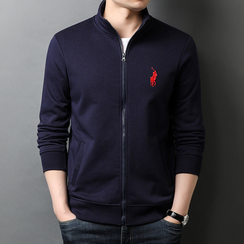 Autumn New Sports Jacket Men's Embroidery Solid Color Cardigan Sweater Zipper Stand Collar Top Casual Jacket Men's Clothing