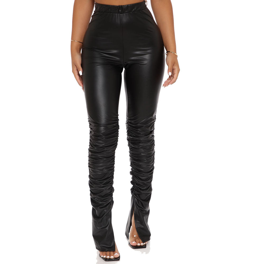 Fashion Sexy Tight Pleated High Waist Stretch Split PU Leather Pants