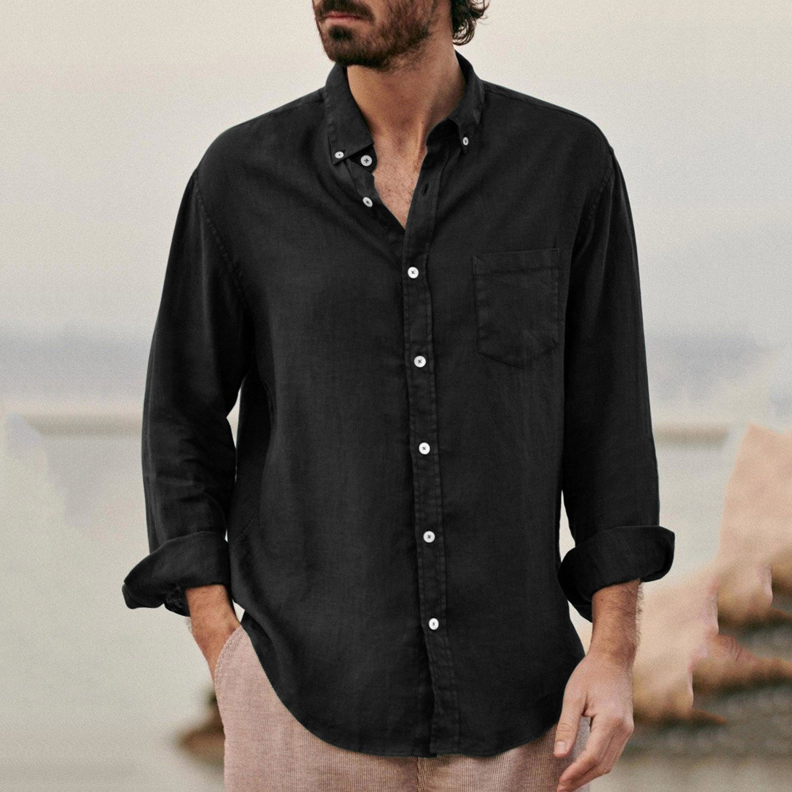 Solid Color  Cotton Linen Loose Men&amp;amp;#039;s Shirts