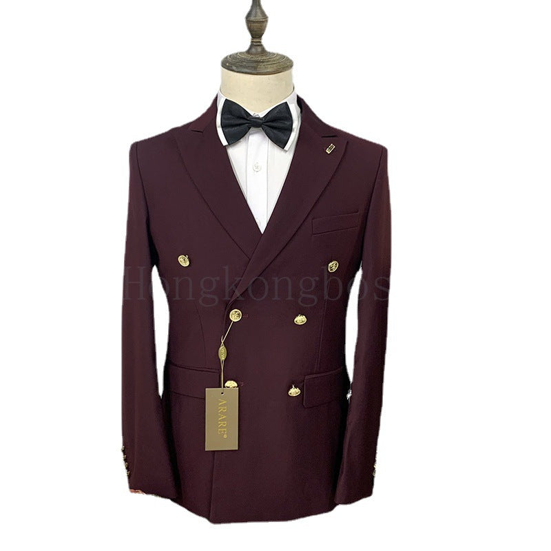 Foreign Trade Popular Men&amp;#039;s Suit Two-piece Golden Double-breasted Flat Lapel Large Size Suit Light Business Four Seasons Spot