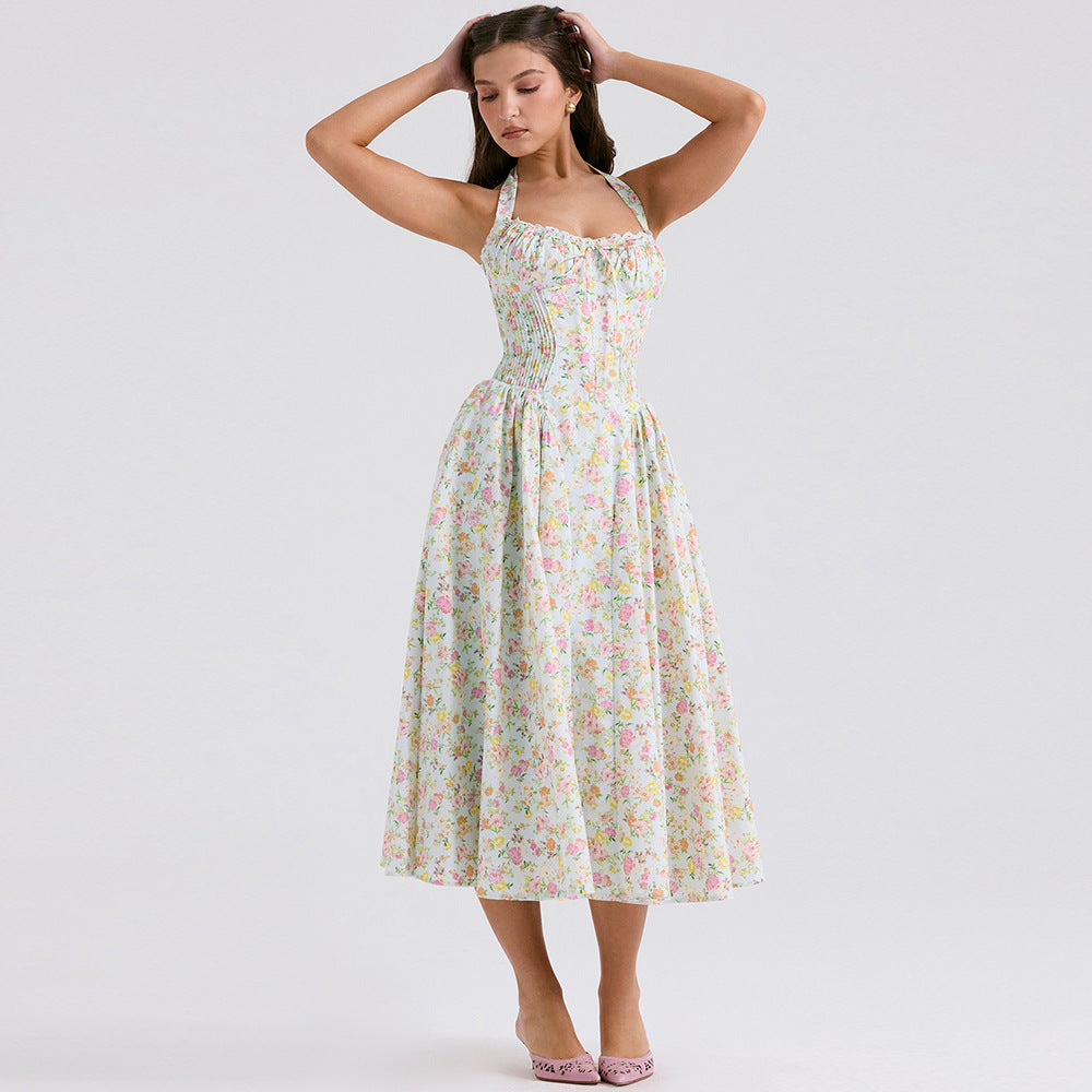 Women's Sexy Neck Floral Dress Long Dress Slim-fit Vacation Dress Women