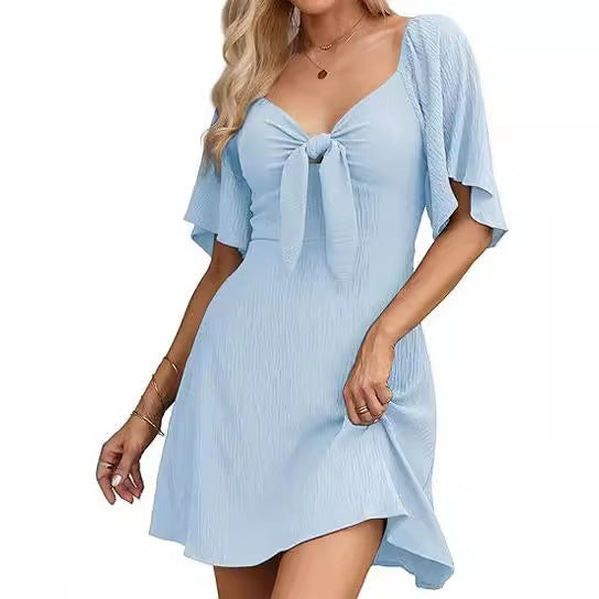 Women Clothing Shein V-neck Bow Lace-up Short Sleeve Mini Dress