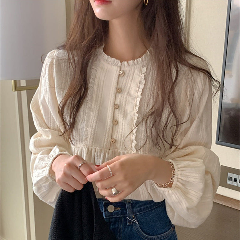 Pleated Small Lace Buckle Pure Desire Round Neck Shirt