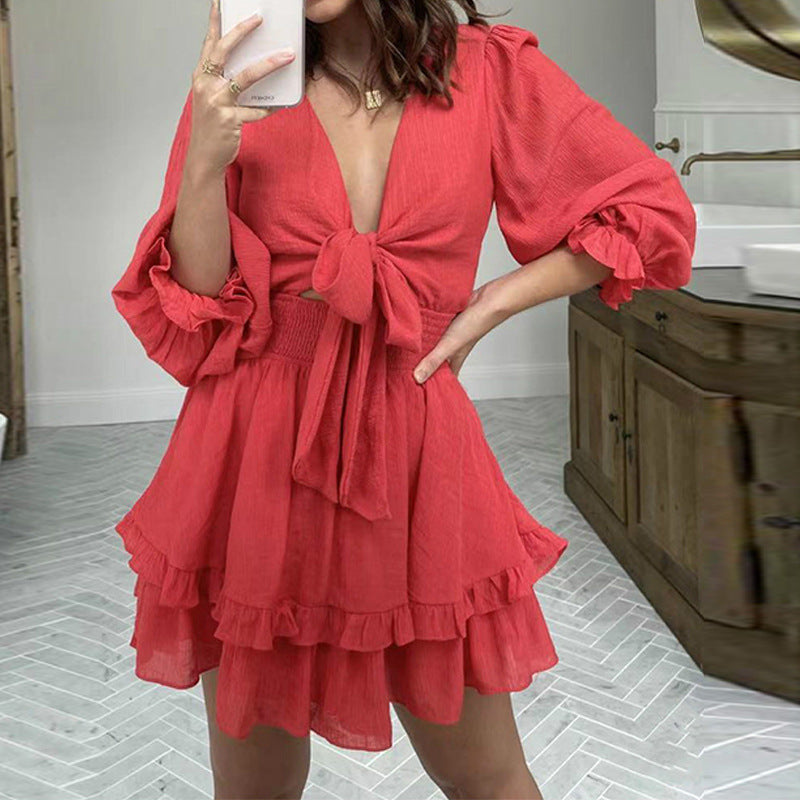 New European And American Spring And Autumn V-neck Long Sleeve Puff Sleeve Solid Color Lace-up Ruffled Dress