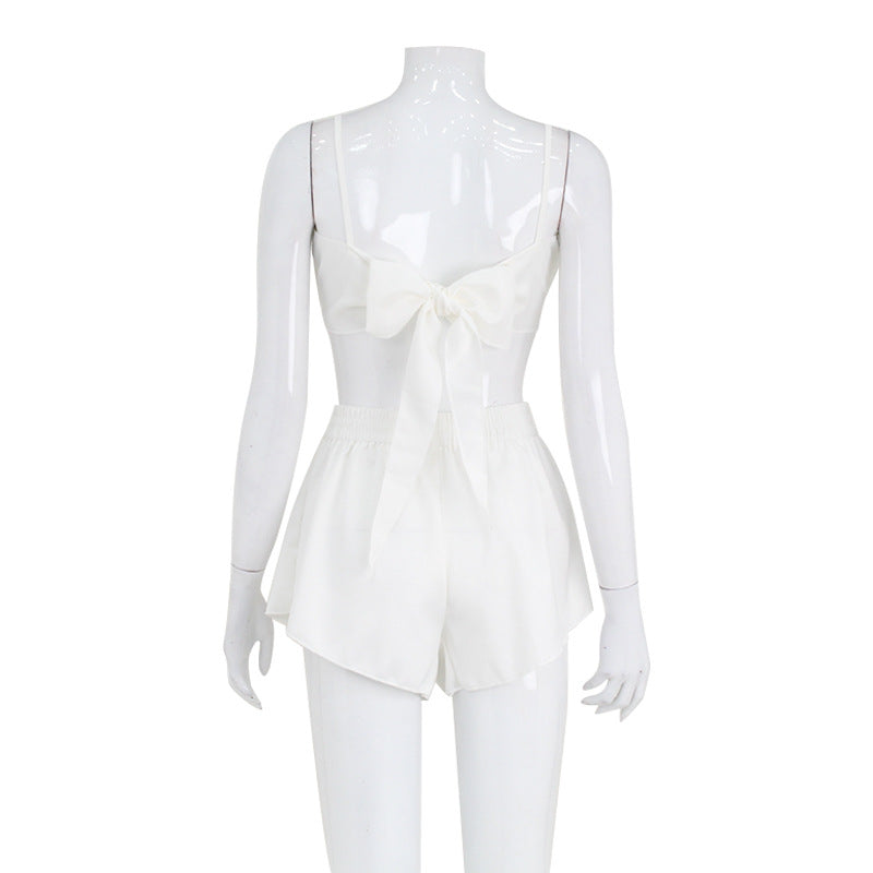 European And American Ins Cross-border Women's Clothing Sexy Sweet Cool Artificial Silk Wooden Ear Strap Pajamas Hot Girl Two-piece Set For Women