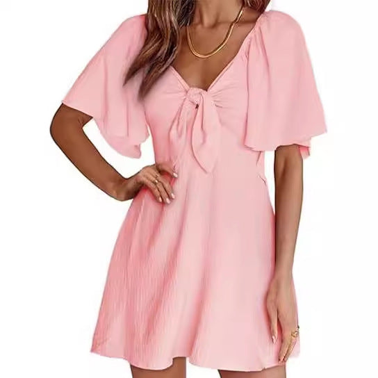 Women Clothing Shein V-neck Bow Lace-up Short Sleeve Mini Dress