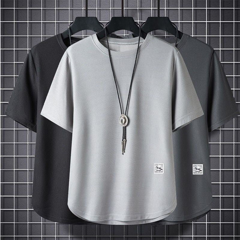 Batch Of Waffled Short-sleeved T-shirt Men's Summer Loose Plus Size Crewneck Breathable Solid Color Base Shirt Half-sleeved Top