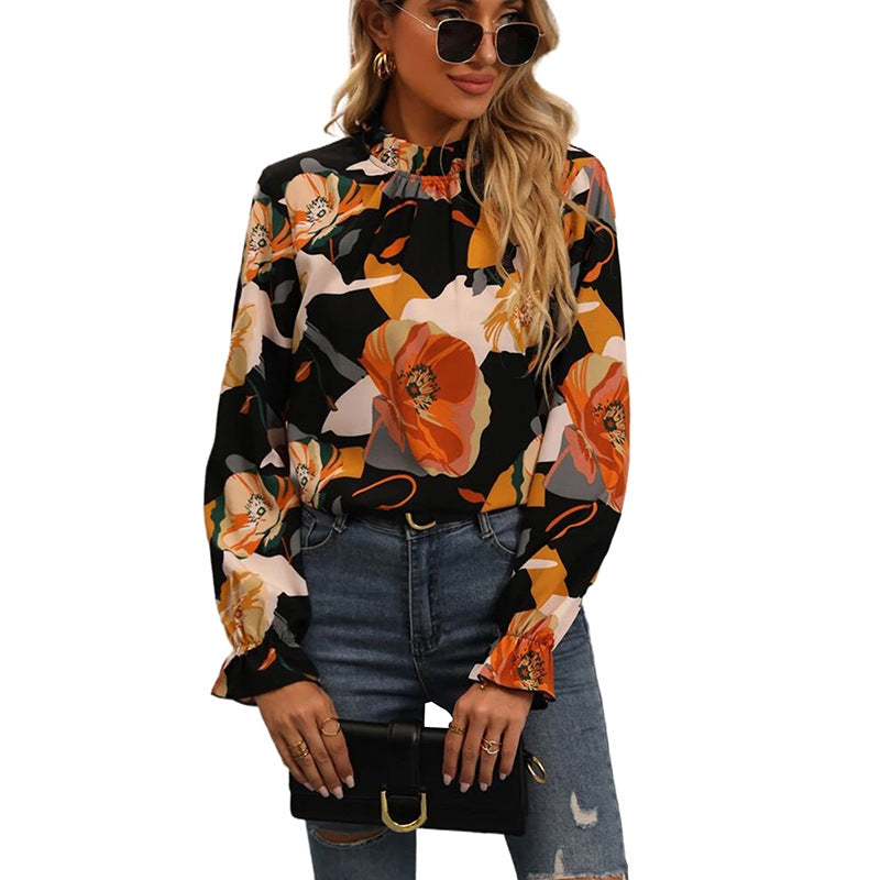 Shiying Autumn Thin Floral Print Pullover For Women 2024 European And American Cross-border Temperament Commuter Contrast Color Chiffon Shirt For Women