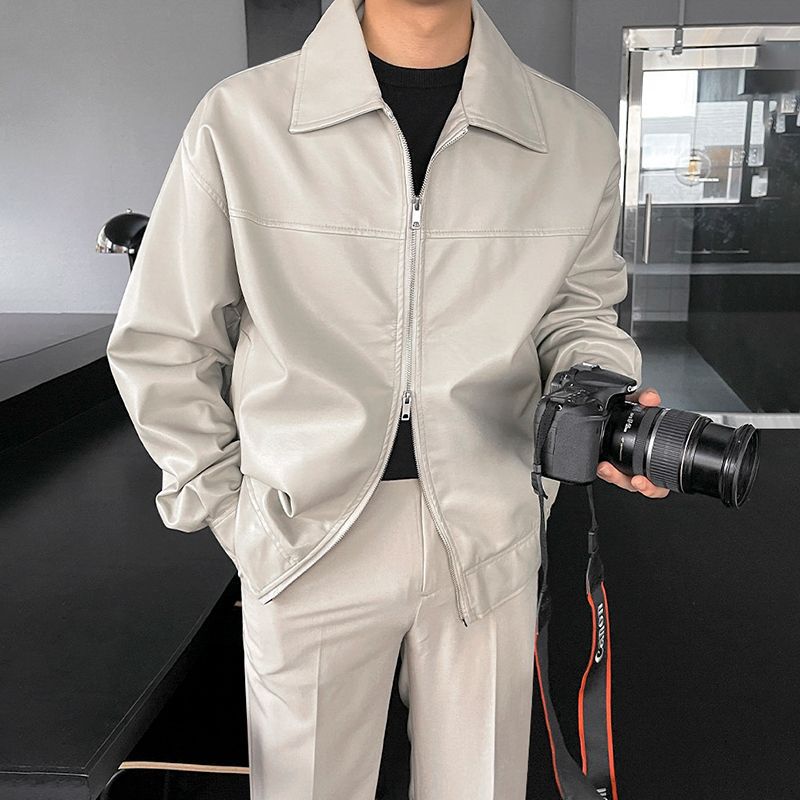 MYQ Superior Leather Jacket Men's Spring And Autumn Korean Style Loose Fashionable Workwear Lapel Motorcycle Leather Jacket