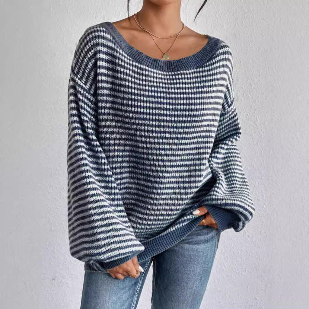 One-Neck Sweater All-Match Loose Contrast Striped Lantern Sleeve Lazy Women's Pullover Sweater