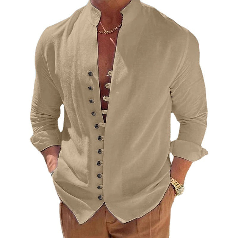 New Men's Retro Cotton And Linen Casual Loose Long-sleeved Shirt