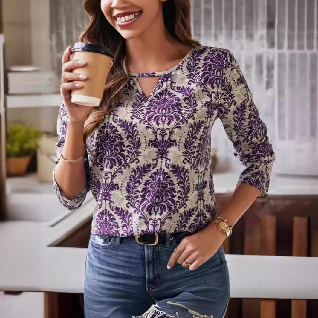 Round Neck Temperament Tops, Loose Casual Retro Long-sleeved Printed T-shirts For Women