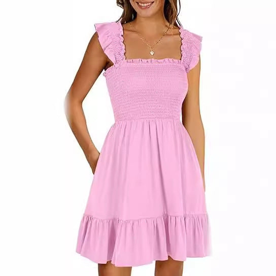Women's Sleeveless Square Collar Pleated Backless Short Mini Dress