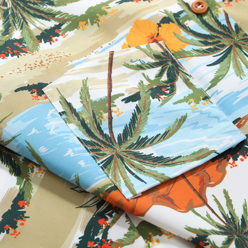 Coconut Tree Printed Shirt Mens&amp;#039; Summer  New Seaside Loose Hong Kong Style Hawaiian Short-sleeved Shirt