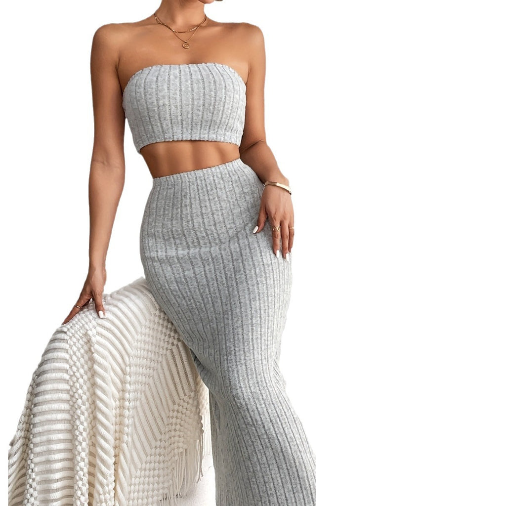 Popular Solid Color Two-piece Casual Fashion Chest Wrap + High Waist Slit Skirt Suit Women's Clothing