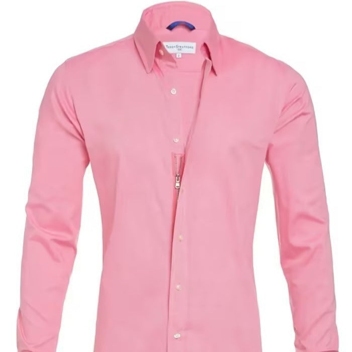 Amazon Cross-border Hot Men's Zipper Shirt Hidden Zipper Fake Button Oxford Stretch Cotton Zipper Lining