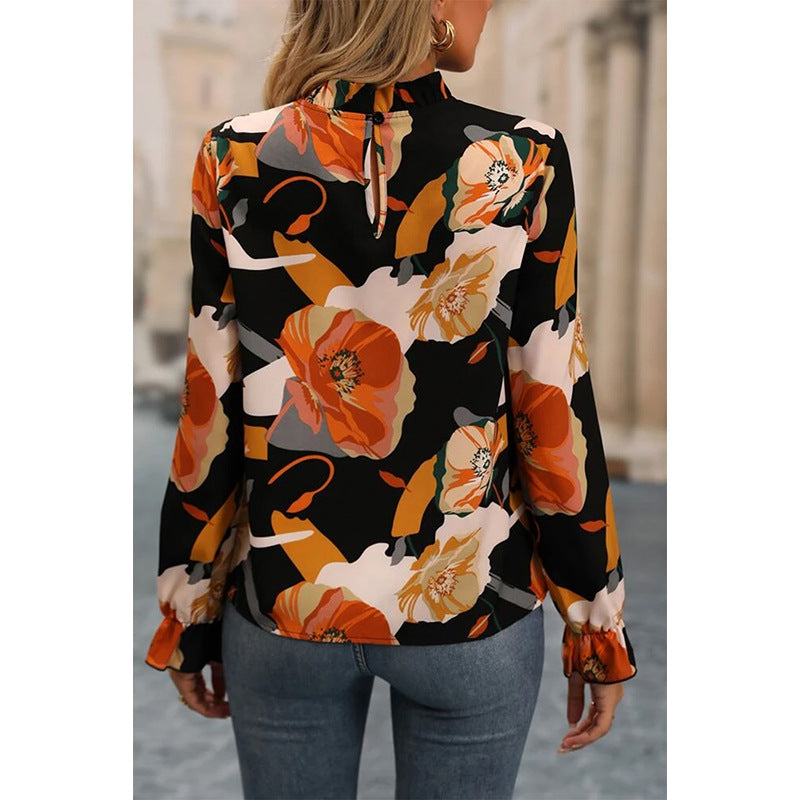 Shiying Autumn Thin Floral Print Pullover For Women 2024 European And American Cross-border Temperament Commuter Contrast Color Chiffon Shirt For Women