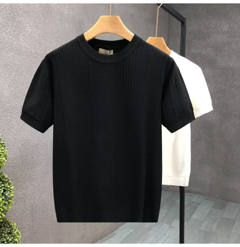 Pure White Jacquard Short Sleeve Sweater Men's Spring And Autumn Thin Bottoming Shirt Men's Fashion Brand Trendy Half Sleeve Sweater