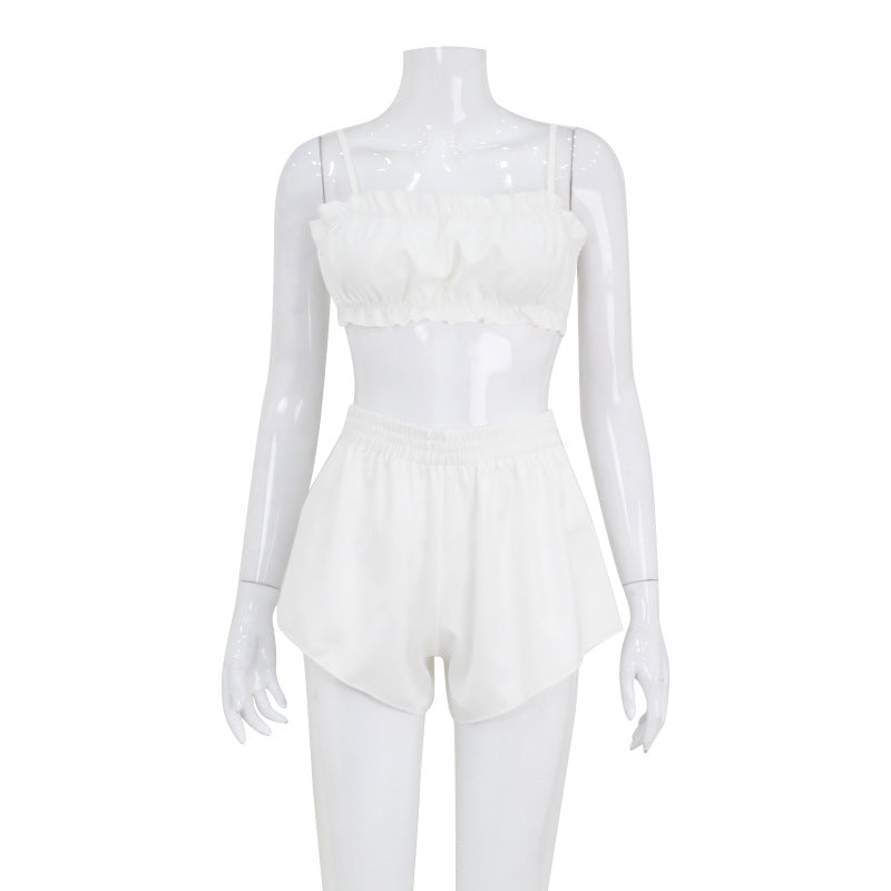 European And American Ins Cross-border Women's Clothing Sexy Sweet Cool Artificial Silk Wooden Ear Strap Pajamas Hot Girl Two-piece Set For Women