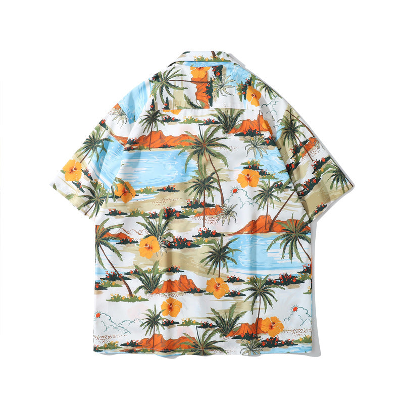 Coconut Tree Printed Shirt Mens&amp;#039; Summer  New Seaside Loose Hong Kong Style Hawaiian Short-sleeved Shirt