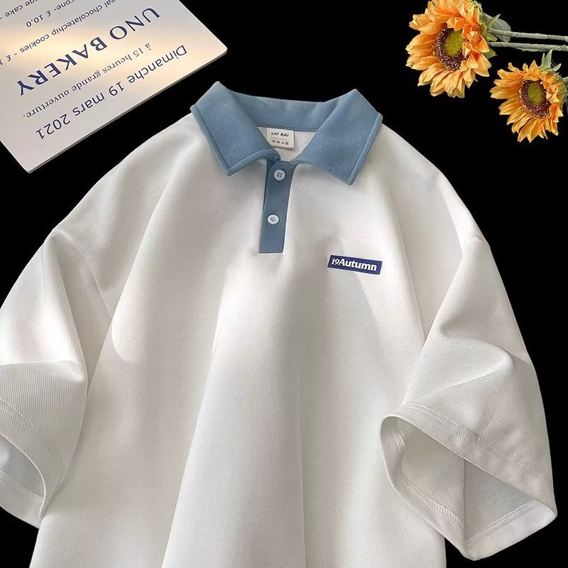 Boys Polo Shirt Summer New American Style Fashion Brand Label Color-matching Lapel Top Short-sleeved T-shirt For Teenagers And Students