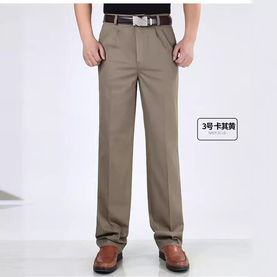 Double Pleated Pure Cotton Men's Casual Trousers Summer Thin Middle-aged And Elderly Loose Straight High Waist Deep Long Pants For Dad