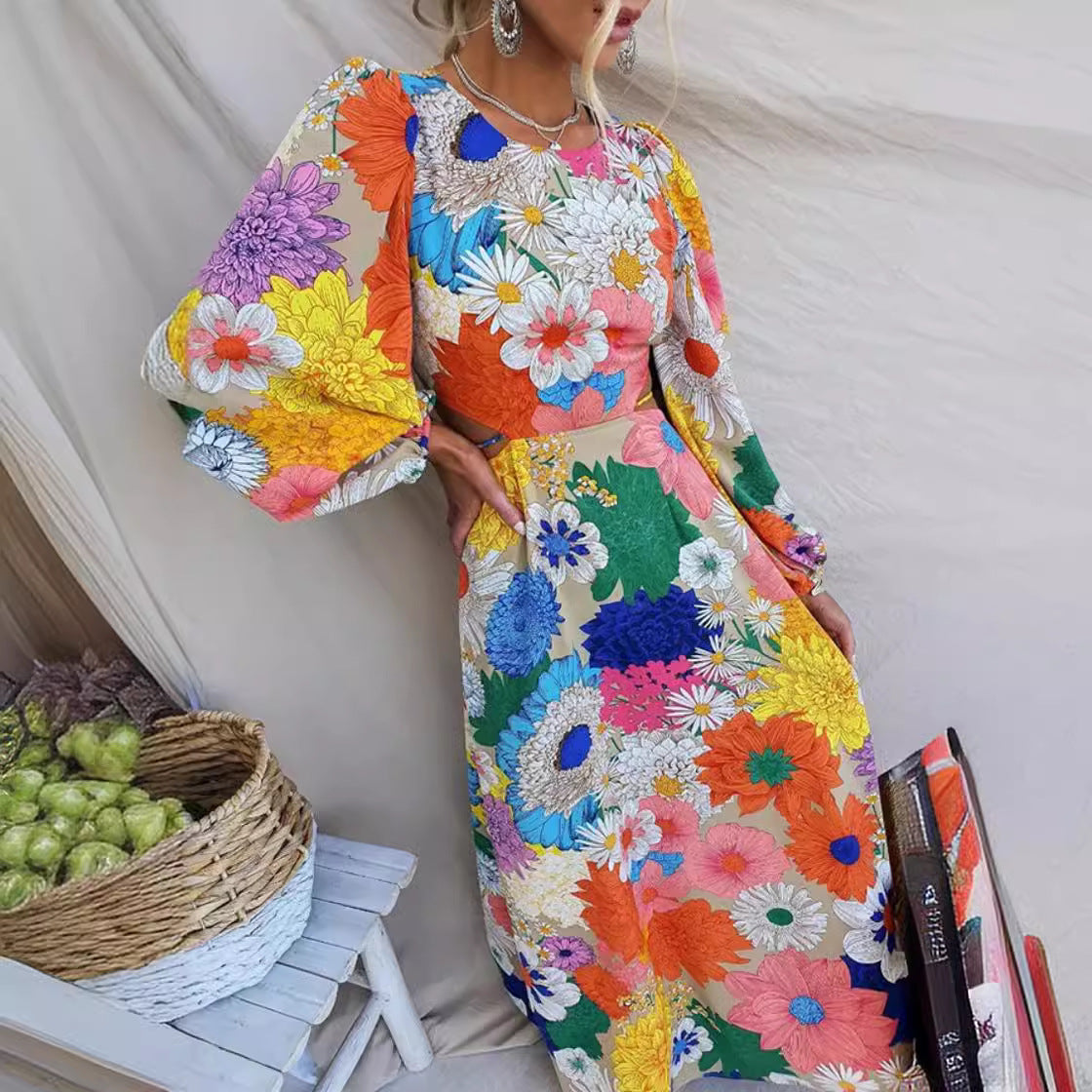 Autumn New Long Sleeve Dopamine Print Lace-up Waist Holiday Street Fashion Dress For Women