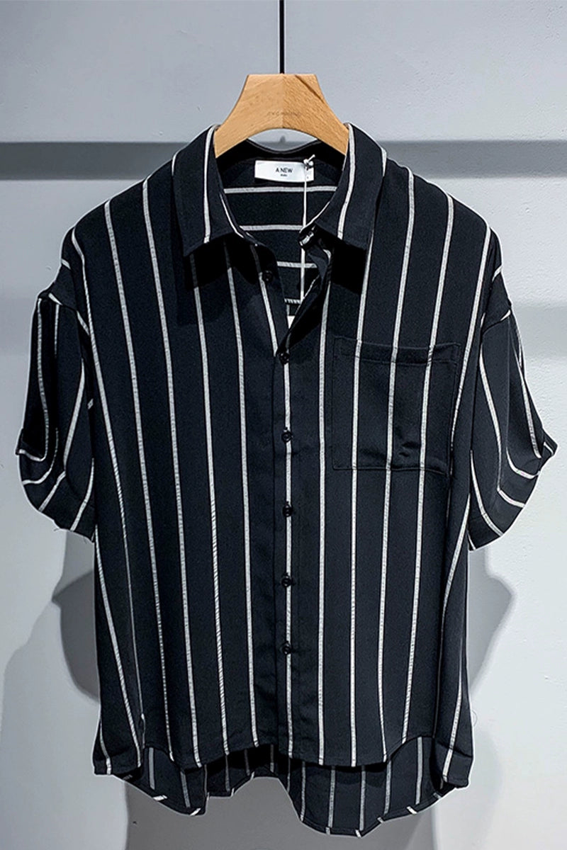 Guweige Comfortable Striped Short-sleeved Shirt Men's Summer Thin Ice Silk Breathable Loose Casual Middle-sleeved Shirt