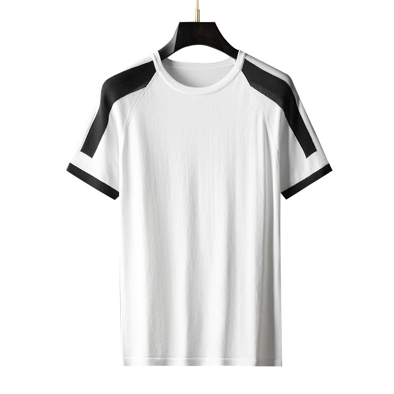 Summer New Short T-shirt Casual Fashion Trendy Color-inserted Knitted Shirt Short-sleeved T-shirt Men's Round Neck Simple And Comfortable