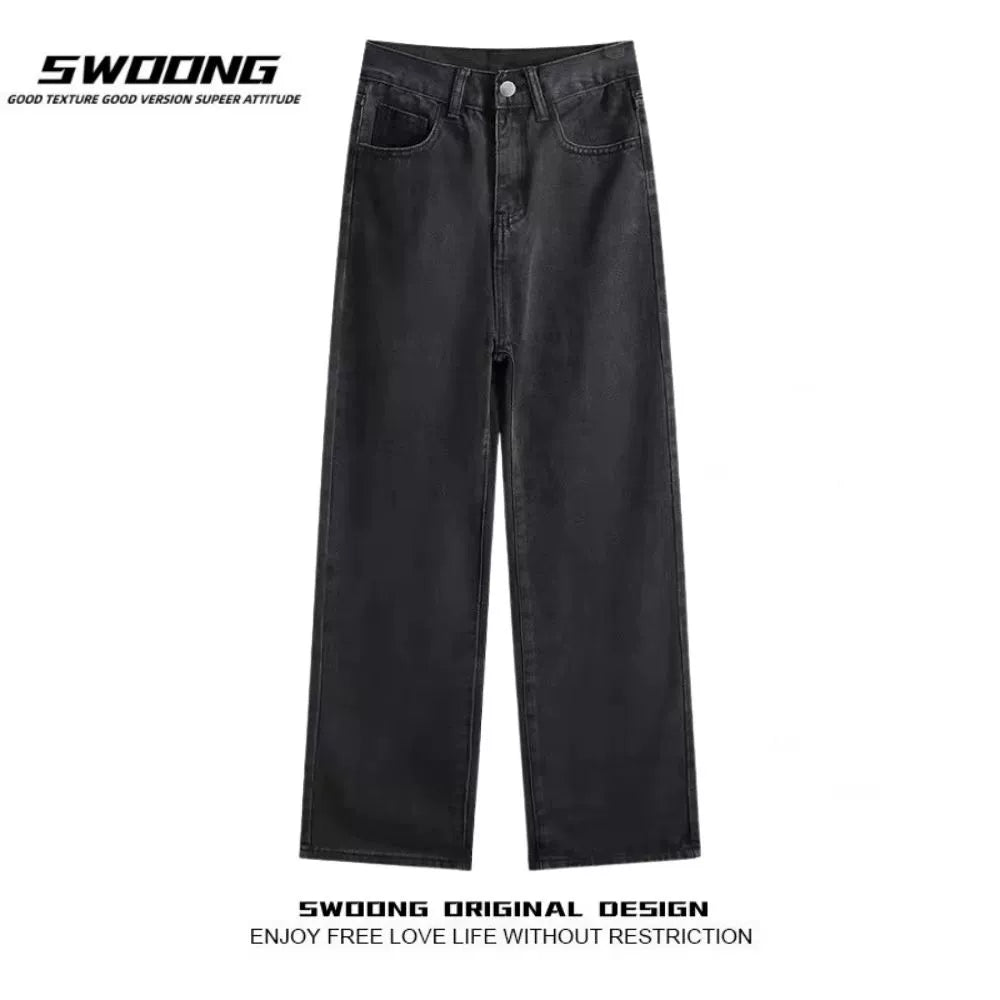 SWOONG American Retro Washed Black Jeans For Men And Women Ins High Street Straight Loose Casual Trousers For Autumn