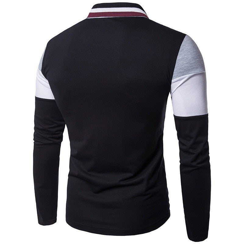 New Men's Fashionable Color Block Collar Long-sleeved T-shirt,Men's Casual Lapel Polo Shirt