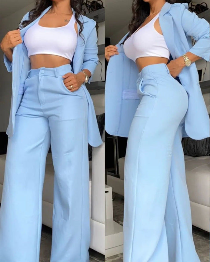 Women's Elegant Solid Color Split Sleeve Lapel Suit Pocket Straight Pants Suit