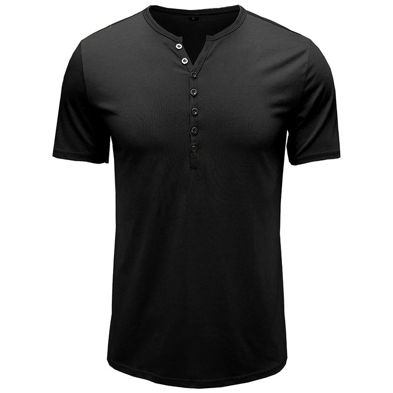 2023 Cross-border Summer New Foreign Trade Men&amp;amp;#039;s Clothing European And American Men&amp;amp;#039;s Henley Shirt Short-sleeved Men&amp;amp;#039;s T-shirt Solid Color Top