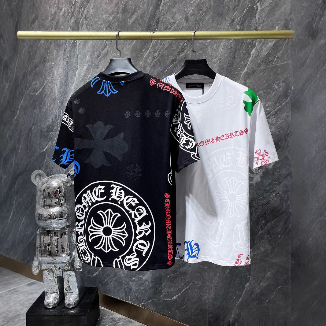 Cross-Border 2025 Summer New Style Ch Crow Horseshoe Print Cross Sanskrit Printed Short-Sleeved T-Shirt For Men And Women