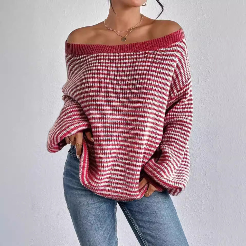 One-Neck Sweater All-Match Loose Contrast Striped Lantern Sleeve Lazy Women's Pullover Sweater
