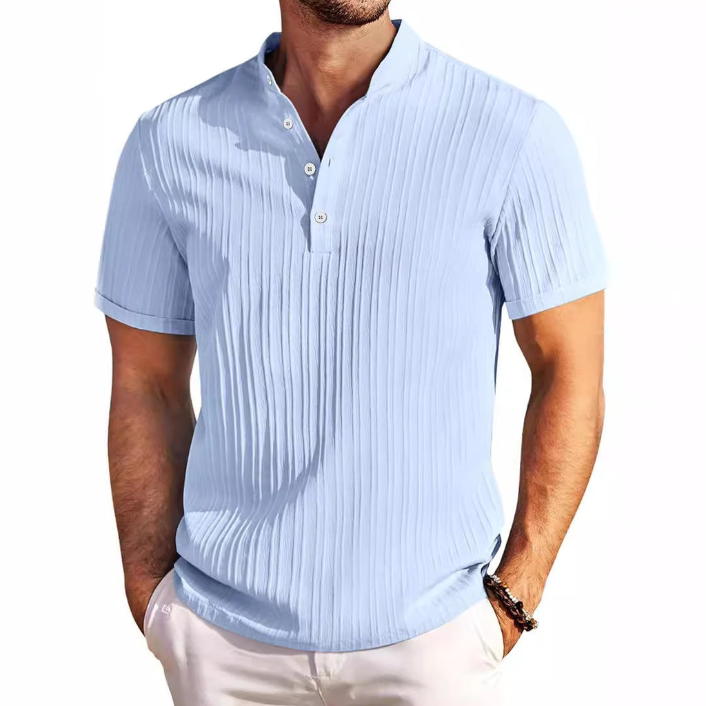 New Men's Retro Cotton And Linen Striped Henry Shirt Casual Loose Shirt