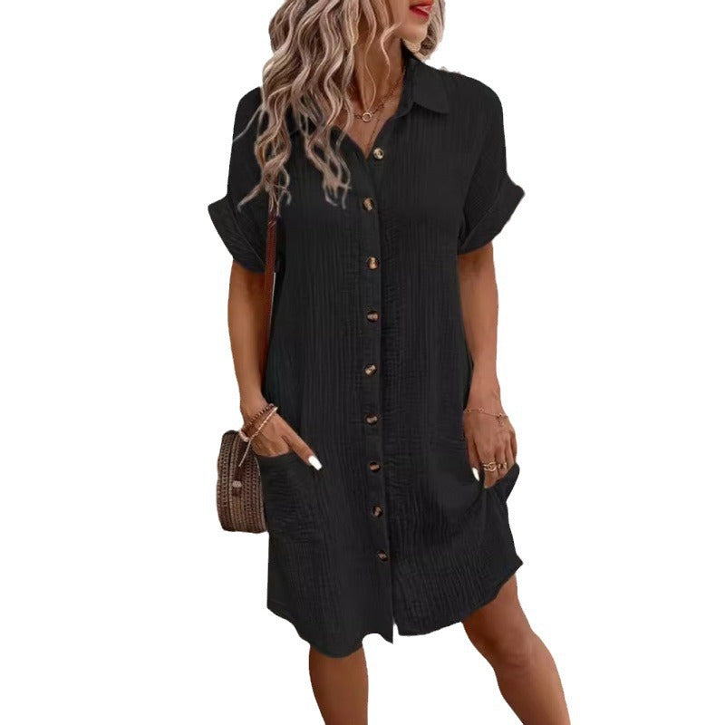 Summer Simple V-neck Button Cotton Linen Dress Women's Shirt Dress