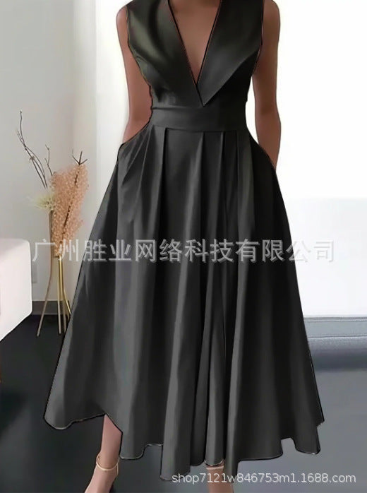 Summer Sleeveless Waist Slip Pocket Large Swing Mid-length Dress