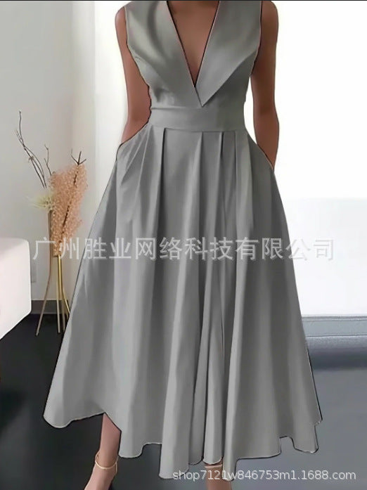 Summer Sleeveless Waist Slip Pocket Large Swing Mid-length Dress