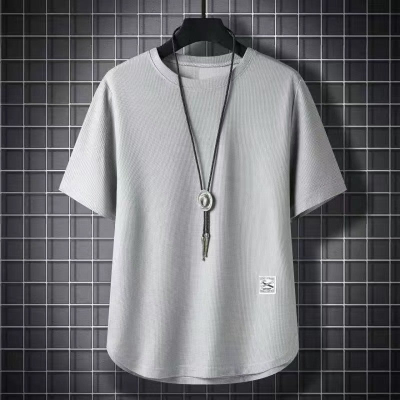 Batch Of Waffled Short-sleeved T-shirt Men's Summer Loose Plus Size Crewneck Breathable Solid Color Base Shirt Half-sleeved Top