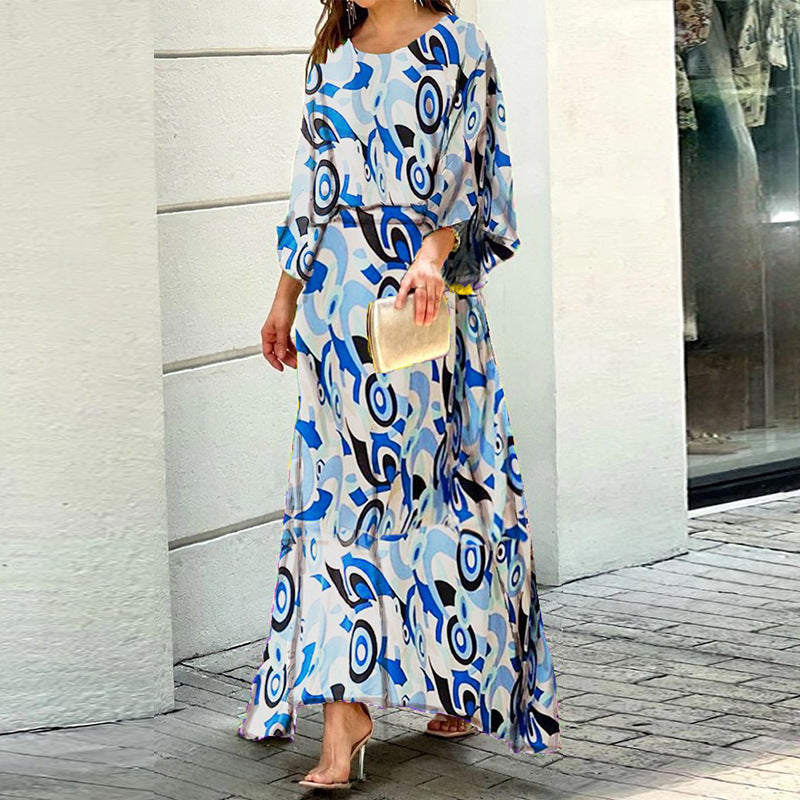 Women's Summer New Loose Large Size Printed Long-sleeved Top High Waist Half-length Dress Suit