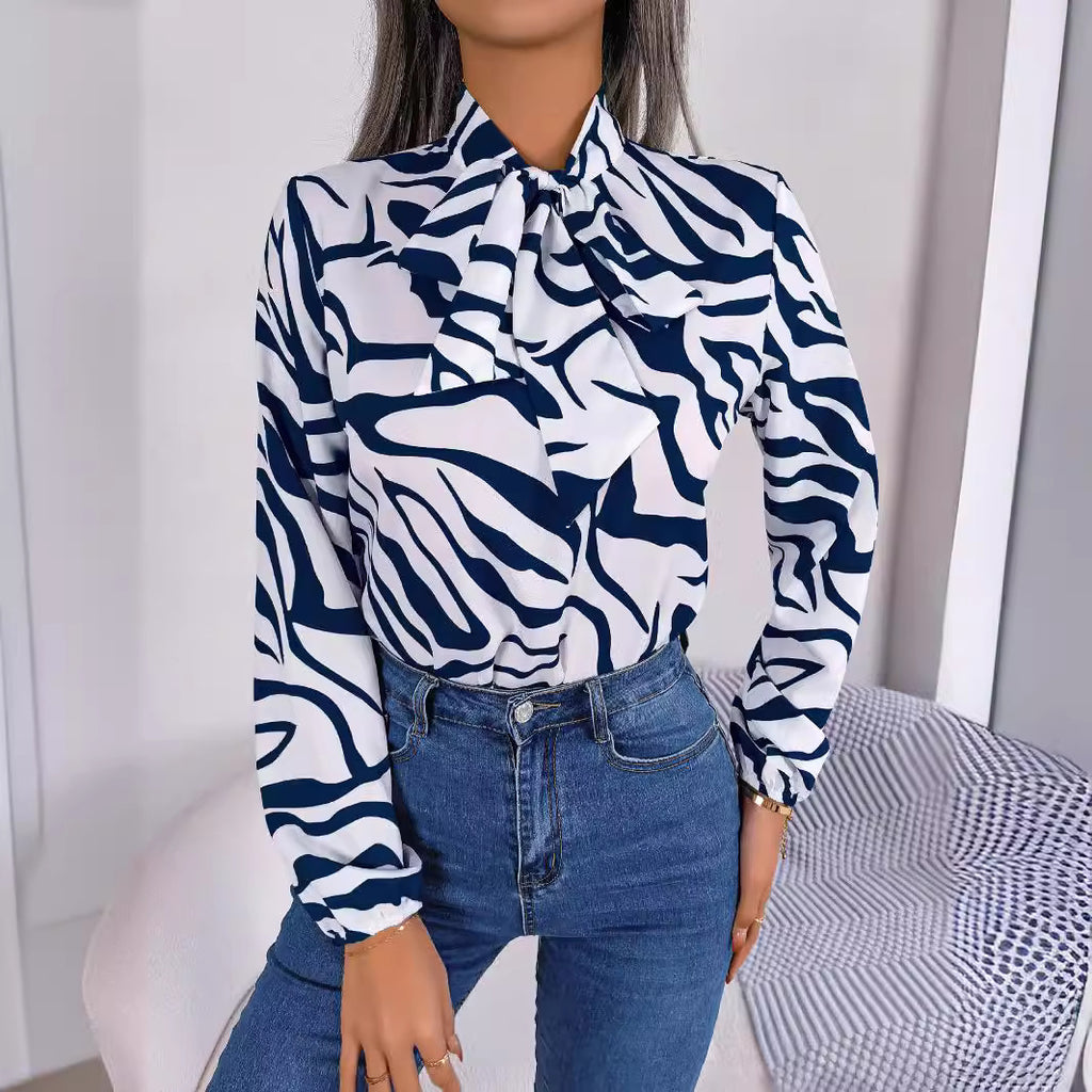 Summer TUEN New Arrival Bow Long Sleeve Elegant Striped Shirt Top