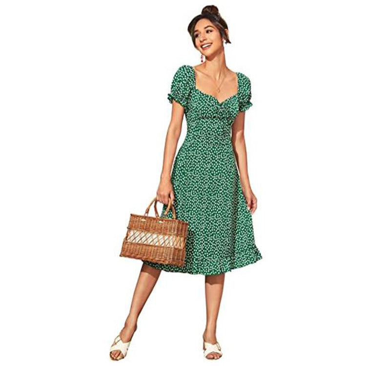 Spring And Summer Women's Floral Printed Mid-length Short-sleeved High Waist Dress