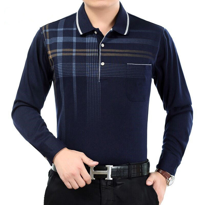 Spring And Autumn Men&amp;amp;#039;s Long-sleeved T-shirt Polo Shirt Striped Loose