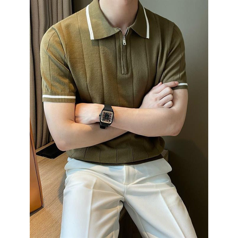 Short-Sleeved Lapel Casual Knitwear, Simple Small Fragrant Style Concave And Convex Stripesd Half-Zip Trendy Men's Polo Shirt